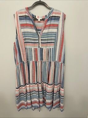 Sleeveless Striped Tiered Midi Dress in Blue, Red & White